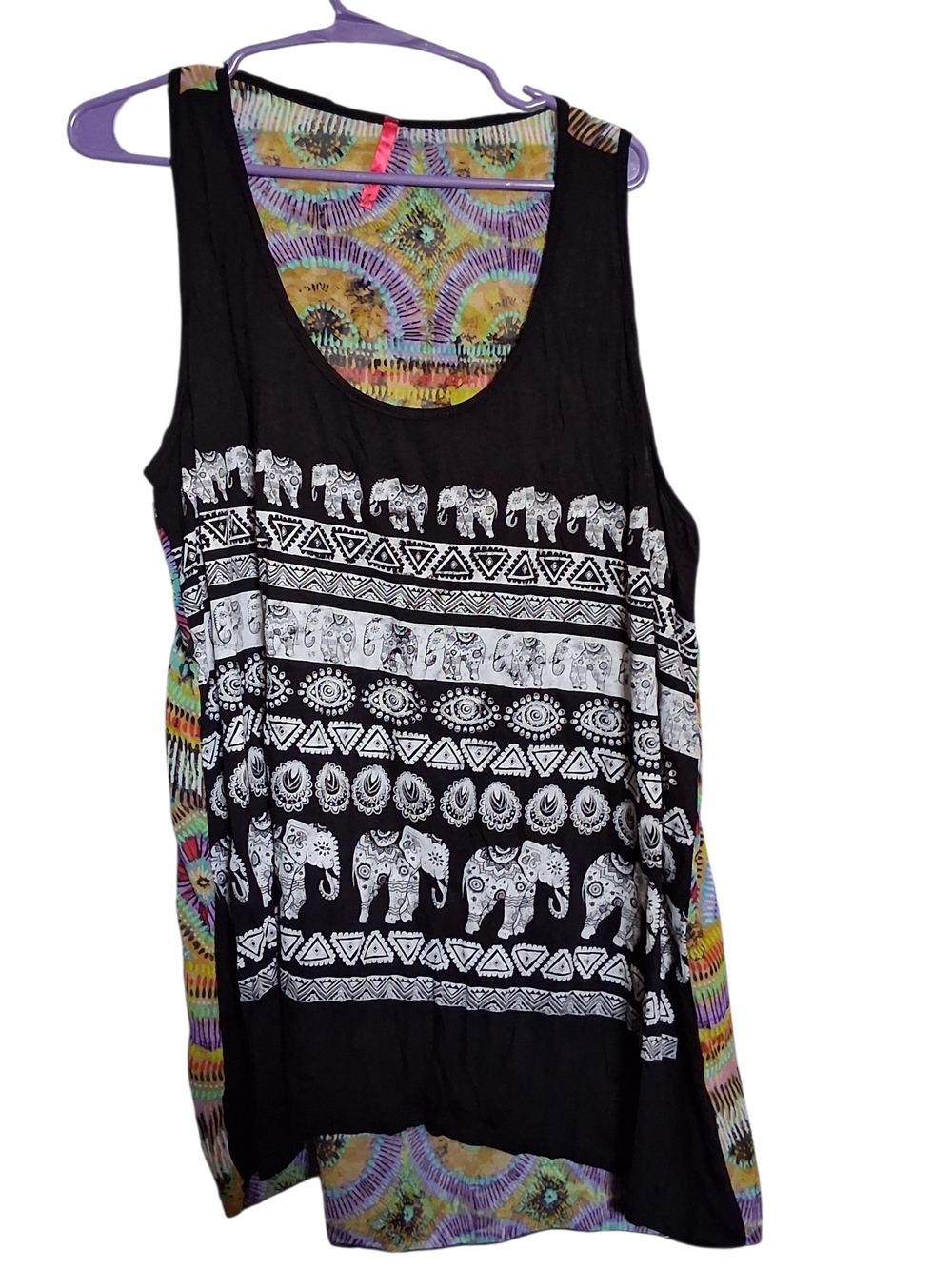 Black Elephant-Print Tank Top with Multicolor Trim